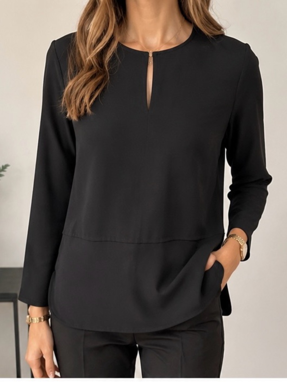 Lauren Ralph Lauren Black Tunic Blouse Long Sleeve Keyhole Neck